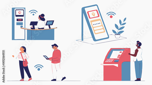Modern Flat Illustration People Using Digital Banking Self Service ATM Kiosk Mobile App WiFi