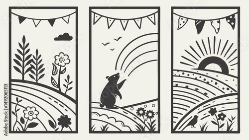 Wallpaper Mural Whimsical Nature Triptych Illustration Bear Rainbow Sunrise Flowers Bunting Torontodigital.ca