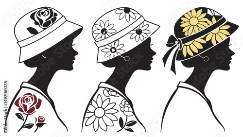 Vintage Women Silhouettes Wearing Floral Cloche Hats and Retro Patterned Fashion Illustration Design