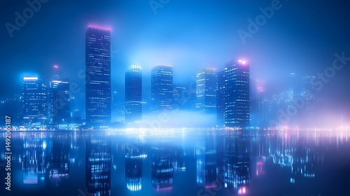 Digital illustration of a nighttime city skyline reflected in calm water with vibrant neon lights.