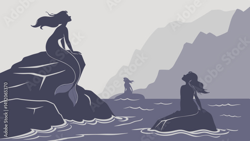 Mystical Grey Silhouette Mermaids on Coastal Rocks Ocean Seascape Illustration