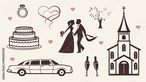 Wedding Icons and Symbols Silhouette Collection Bride Groom Church Cake Ring Limo Fireworks Champagne Hearts Vintage Style