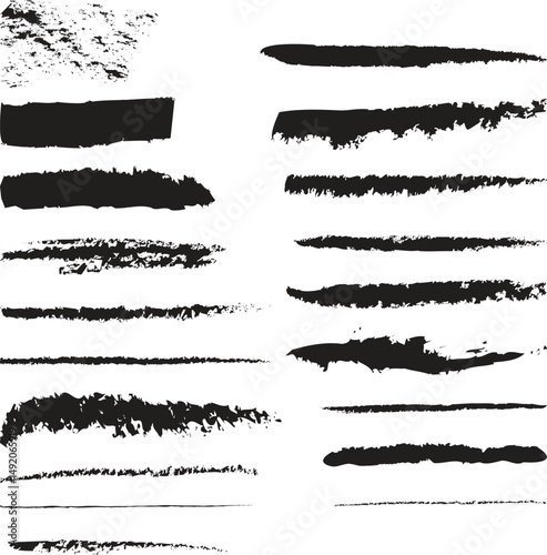 Set of black ink splashes and grunge brush stroke vector elements with paint textures and splatter details