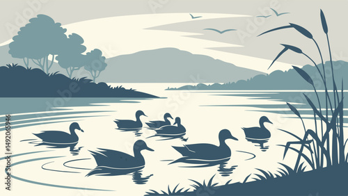 Blue Monochrome Vector Art Illustration Seven Ducks Swimming in a Calm Lake with Reeds Trees and Mountains