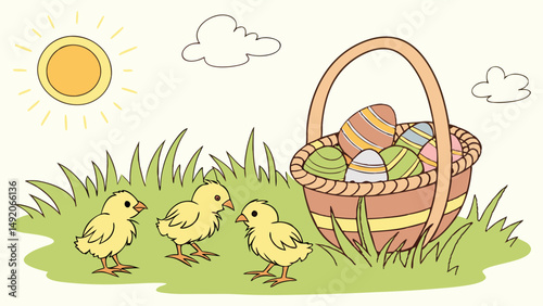 Cute Easter Illustration with Chicks, Colorful Eggs in Basket, Sunny Spring Day