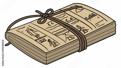 Ancient papyrus document tied with string featuring Egyptian hieroglyphs - cartoon illustration