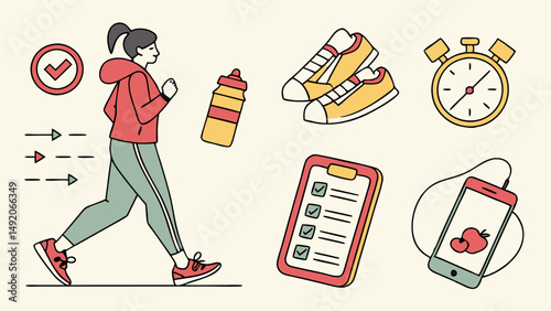 Flat illustration of a woman running, surrounded by fitness equipment like shoes, water bottle, stopwatch, checklist, and health app.
