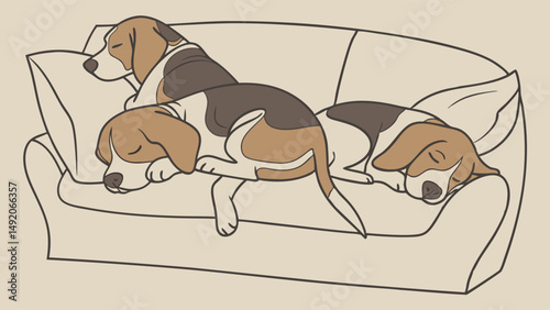Cute Hand Drawn Illustration of Three Adorable Beagle Dogs Sleeping Soundly and Piled Up on a Comfortable Couch