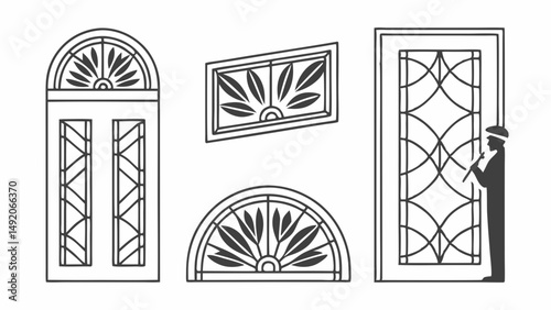 Decorative Window Grille Designs Arched Rectangular and Half-Circle Architectural Line Art Patterns