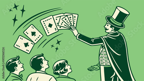 Retro Style Magician Performing Card Trick for Children Audience Green Illustration