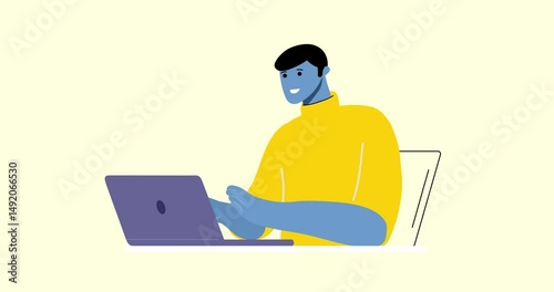 Blue body animated man typing on opened laptop isolated. Cartoon animation of businessman smiling working. Business explainer flat design people serie movie video 4k. Male with computer seamless loop.