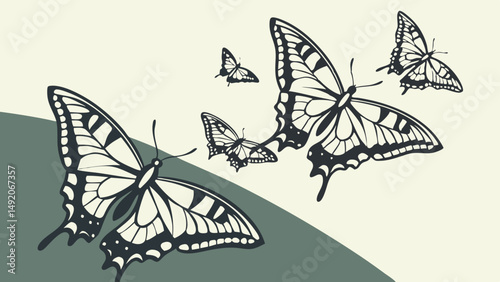 Vintage style black and white illustration of flying swallowtail butterflies group nature drawing art