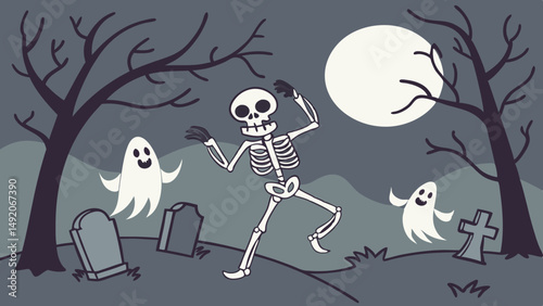 Cute Cartoon Skeleton and Ghosts Dancing Halloween Party in Graveyard at Night Illustration