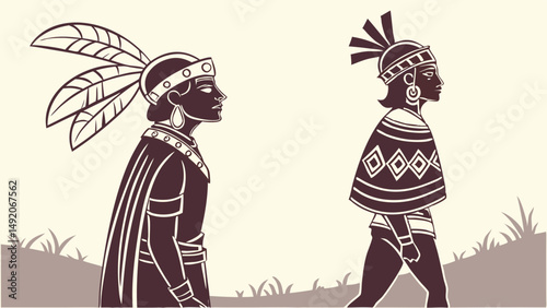 Ancient Indigenous Figures Walking Illustration Traditional Attire Feathered Headdress Patterned Cape Art