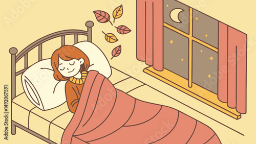 Cozy Autumn Night Illustration Woman Sleeping Peacefully in Bed with Fall Leaves Moon and Stars