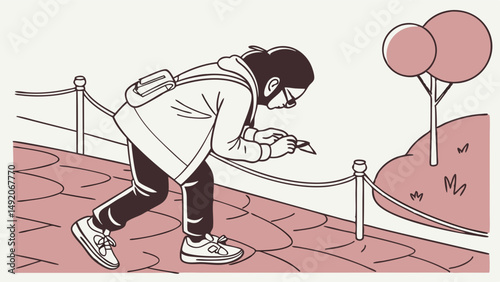 Simple graphic illustration of person bending examining ground by railing outdoors