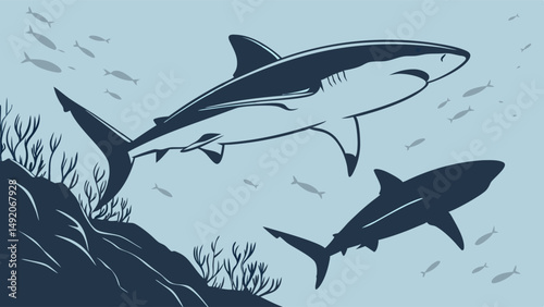 Underwater Vector Illustration of Two Sharks Swimming Near a Reef Ocean Marine Life Predators