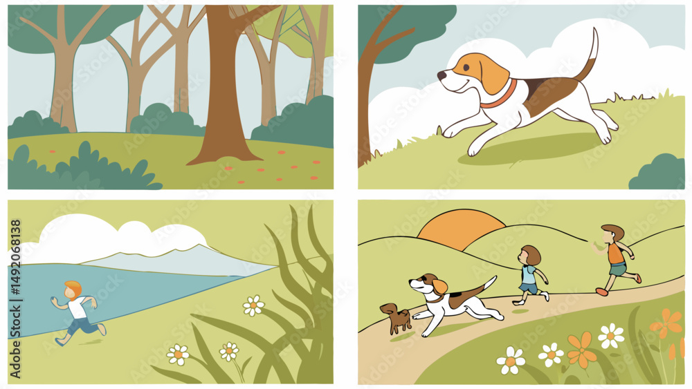 Naklejka premium Colorful Cartoon Illustration: Beagle Dog, Kids, and Dogs Running Outdoors in Forest, Hill, Lake, Sunset Scenes