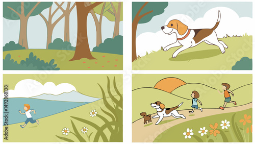 Colorful Cartoon Illustration: Beagle Dog, Kids, and Dogs Running Outdoors in Forest, Hill, Lake, Sunset Scenes