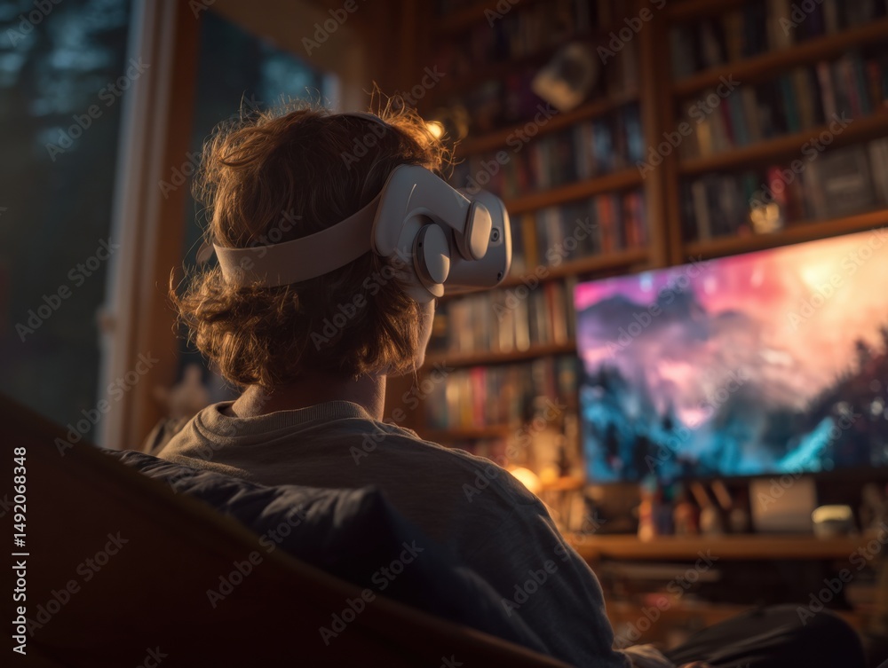 Obraz premium Teenager Immersed in Virtual Reality Headset at Home, Representing Digital Transformation and Cutting-Edge Technology, Enjoying Entertainment and Leisure : Generative AI