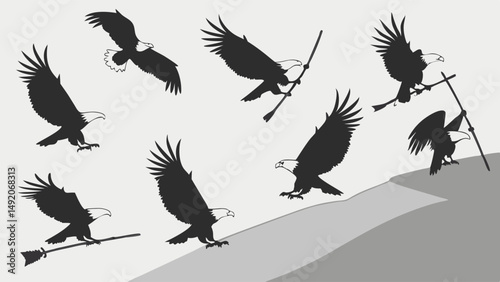 Powerful Bald Eagle Silhouette Action Sequence Flying Landing Holding Rifle and Climbing Hill