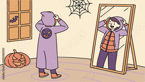 Child in Purple Pumpkin Halloween Costume Looks in Mirror Flat Illustration