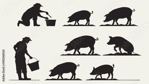 Black silhouette vector set of farmer feeding pigs and various pig poses farm animals