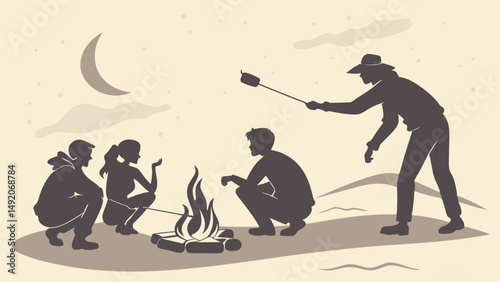 Outdoor Night Camping Silhouette Illustration Friends Roasting Marshmallows by Campfire