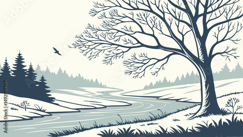 Illustrated Winter Landscape Art Serene River Bare Tree Snow Forest Bird Flying Cold Nature Scene