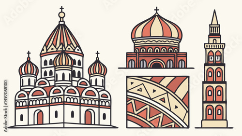Flat Vector Illustration of Traditional Russian Architecture Cathedrals Onion Domes and Tower Design Art