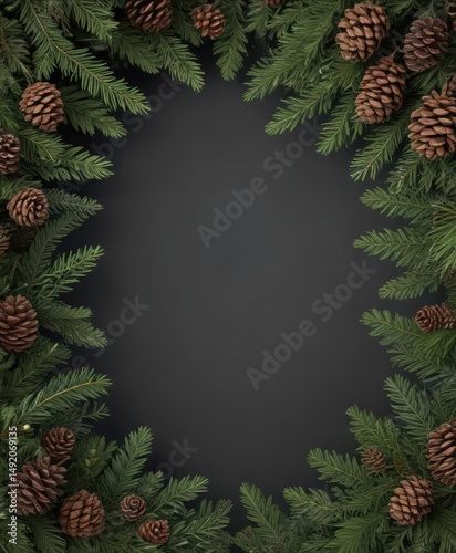 Dense fir boughs and textured pine cones create a rich Christmas border ,  xmas,  background