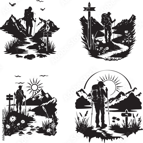 Group of people hiking in mountain, silhouette, vector, people, illustration, men, child, silhouettes, sport, woman, winter, family, ski, black, person, snow, boy, sports, mother, extreme, fun, couple