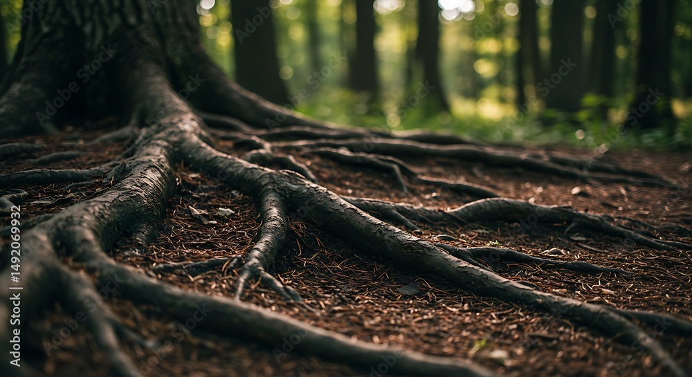 Fototapeta premium Tree Roots Spreading Across Forest Floor in Natural Light