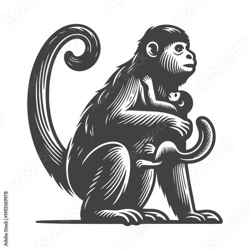 Vintage Hand-Drawn Howler Monkey with Baby Illustration – Jungle Animal Engraved Style Vector for T-Shirts, Posters, Stickers, and Wildlife Themes Apparel