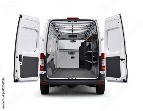 White Cargo Van Interior With Open Doors And Storage Shelves Against White Background
