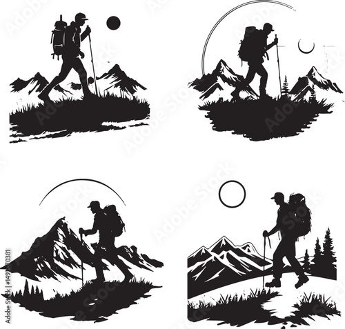 Group of people hiking in mountain, silhouette, vector, people, illustration, men, child, silhouettes, sport, woman, winter, family, ski, black, person, snow, boy, sports, mother, extreme, fun, couple