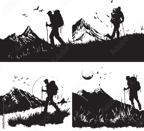 Group of people hiking in mountain, silhouette, vector, people, illustration, men, child, silhouettes, sport, woman, winter, family, ski, black, person, snow, boy, sports, mother, extreme, fun, couple