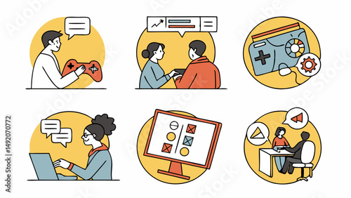 Flat line art icons set for business technology gaming online chat meetings surveys interviews