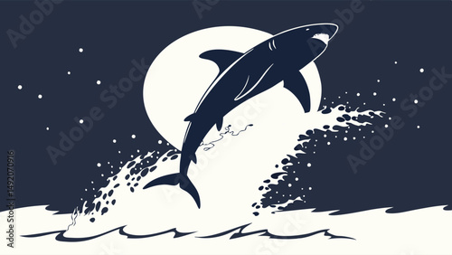 Dramatic Dark Blue Illustration of a Great White Shark Breaching Ocean at Night Under Full Moon and Stars