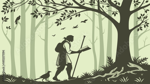 Vintage Silhouette Illustration of Man Reading Book Walking in Forest with Birds