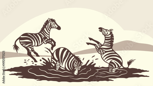 Vintage sepia illustration of three playful zebras splashing and rolling in a muddy puddle