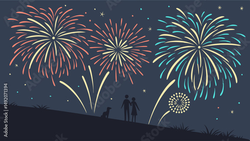Flat Illustration of Couple and Dog Silhouettes on Hill Watching Colorful Night Fireworks