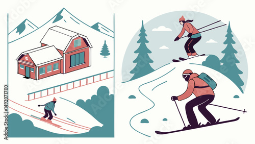 Winter Skiing Flat Vector Illustration Mountain Landscape with Chalet and Skiers on Snowy Slopes Snow Sports