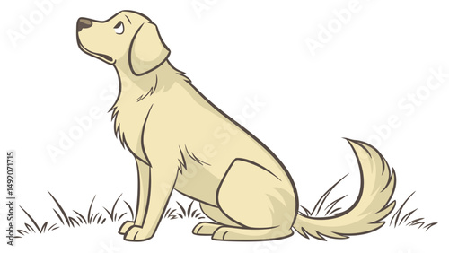 Detailed Cartoon Illustration of a Thoughtful Golden Retriever Dog Sitting on Green Grass Looking Up