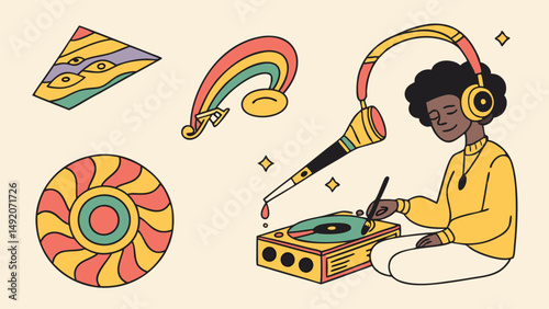 Retro Flat Illustration Person Listening to Vinyl Music on Turntable with Headphones and Abstract Art