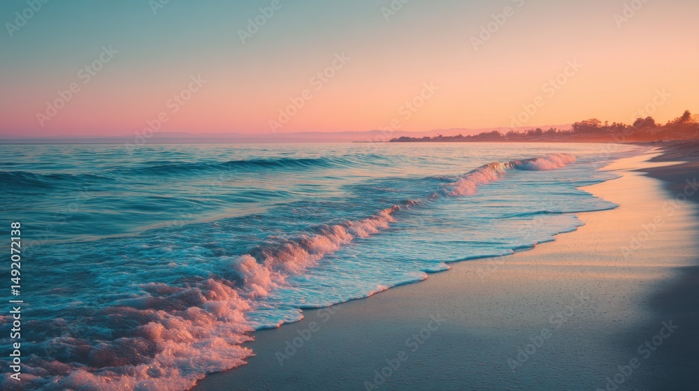 Fototapeta premium Ocean Waves Gently Rolling onto Sandy Beach at Sunset, Evoking Summer Relaxation and Coastal Getaways : Generative AI