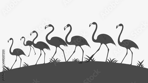 Black and White Graphic Silhouette of Flamingos Walking on a Grassy Hill