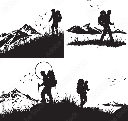 Group of people hiking in mountain, silhouette, vector, people, illustration, men, child, silhouettes, sport, woman, winter, family, ski, black, person, snow, boy, sports, mother, extreme, fun, couple