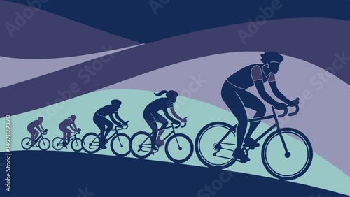 Stylized flat color illustration of five cyclists riding uphill in perspective through a hilly landscape