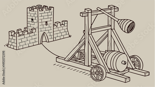 Historical Medieval Trebuchet Catapult Illustration Attacking Castle